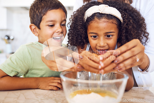 Image of Mom hands, kids cooking and learning development or healthy eating habits in child and parent relationship bonding activity. Happy girl, boy and mother baking together building skills in kitchen