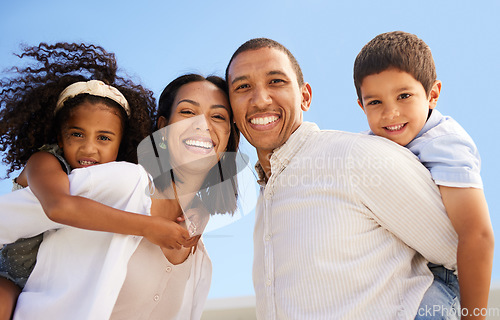 Image of Family, children and piggyback outside with a girl and boy on the back of their mother and father while outdoor in nature. Kids, together and love with parents carrying a brother and sister outside