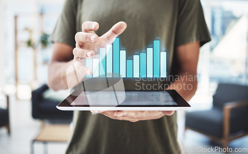 Image of Hologram chart, tablet and businessman hands in futuristic 3d data analytics, digital marketing or software finance management. Future, information technology and holographic of company online profit