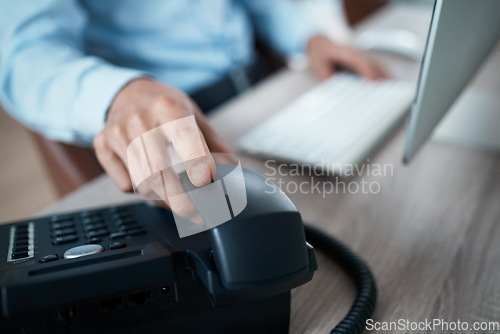 Image of Hand of receptionist on telephone, person contact us in business office and communication at help desk. Answer customer call in company, assistant in corporate crm and call center secretary working