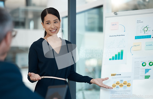 Image of Business meeting, presenter and accounting presentation with data, graphs and charts in office. Financial strategy, economy analysis and woman accountant talking at team seminar in conference room.