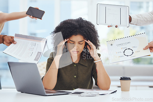 Image of Woman, stress and burnout in business, office and headache feeling tired, frustrated and overworked. Black woman, depression and mental health with anxiety, depressed and sad working in finance job