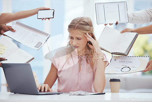 Image of Businesswoman stress, anxiety and burnout in busy office of poor time management, tax audit and company crisis. Overworked, sad and frustrated worker struggle in challenge, problem and deadline worry