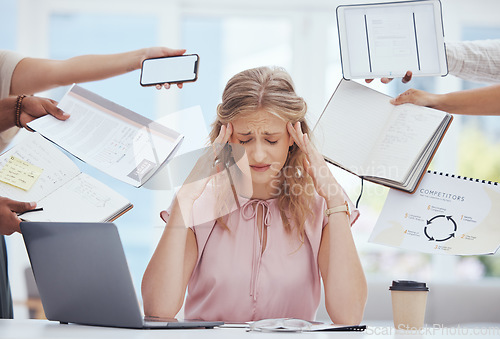 Image of Stress, burnout and busy woman in the office with headache, tasks and projects from coworkers. Overworked, tired and frustrated from working and multitasking on laptop, documents and email on phone