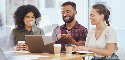 Image of People in office, teamwork with laptop and meeting planning advertising presentation in London. Web design for business, group diversity collaboration in startup company and ux internet technology