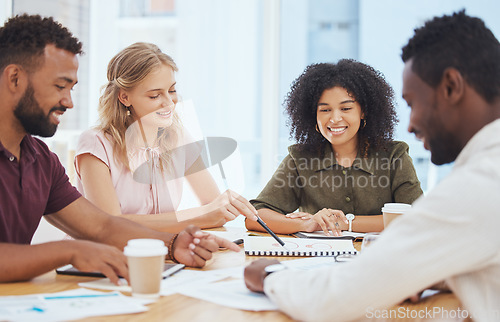 Image of Business meeting, teamwork and paper planning, strategy report and kpi financial stats for analysis, discussion and collaboration in marketing office. Happy employees group working on document ideas