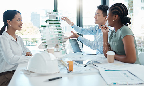 Image of Model, construction and architects planning a building project together in an office at work. Creative, corporate and architecture workers talking about a design with a 3d structure in a meeting