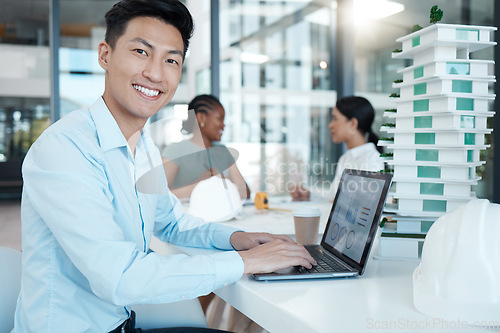 Image of Architect, man with laptop and architecture business, planning strategy and engineering data. Young Asian working, diversity and design model, corporate conference room and smile in portrait.
