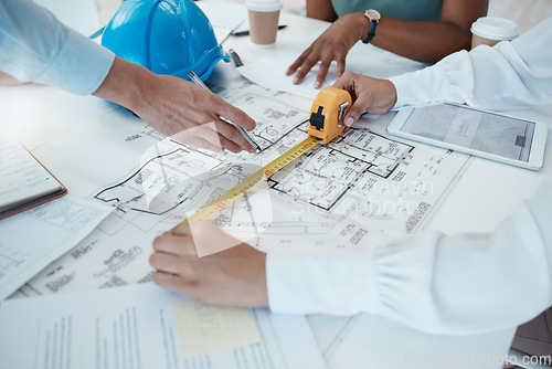 Image of Architecture hands, blueprint design and tape measure for construction scale, property planning and building logistics. Industrial engineering designers, ruler size floor plan and real estate project