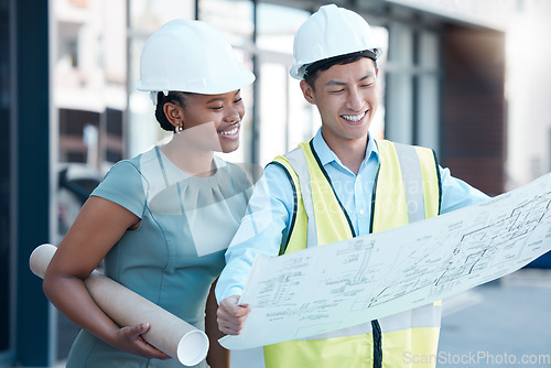 Image of Architecture, construction engineers or designers with blueprint paper talking or planning office building design. Smile, happy and property teamwork collaboration with real estate innovation vision