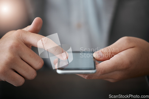 Image of Zoom of hands, businessman with phone or 5g network for networking, communication or typing email text or message. Chicago, mobile or smartphone for contact us search, internet or social media app.