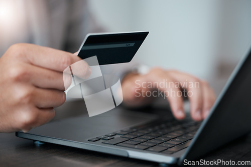 Image of Man hands, laptop and ecommerce credit card business payment technology. Customer check digital banking app, secure bank payment and online retail shopping internet or 5g fintech trading