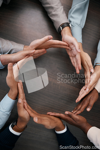 Image of Hands, teamwork and synergy with business people in a circle or huddle as a team on a wooden table in the office. Collaboration, motivation and goal with an employee group working together on success