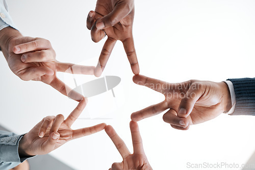 Image of Support, community and peace sign with hands of business people in collaboration for networking, mission and vision. Goals, teamwork and innovation with star and fingers of employee for partnership