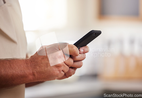 Image of Hands, man or phone for social media search, kitchen recipe or internet news in house or nursing home. Zoom, senior or retirement elderly on mobile communication technology for streaming in lockdown