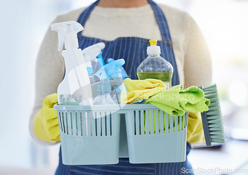 Image of Woman, housekeeping products and cleaning container for home cleaner service, office maid and worker. Zoom on spray bottle, brush and fabric cloth for home spring clean and house hygiene maintenance