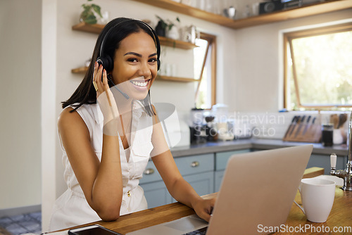 Image of Work from home, laptop and telemarketing woman in portrait for crm customer service, virtual online support or digital manager. Call center consultant, agent or business remote worker in her kitchen