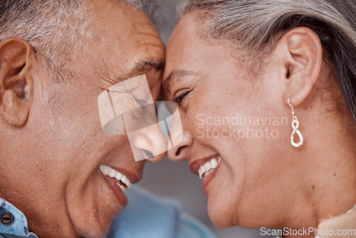 Image of Love, senior couple and happy together, care, relationship support and relaxed retirement bonding. Elderly funny man and woman happy face, sweet relax smile and laughing in home