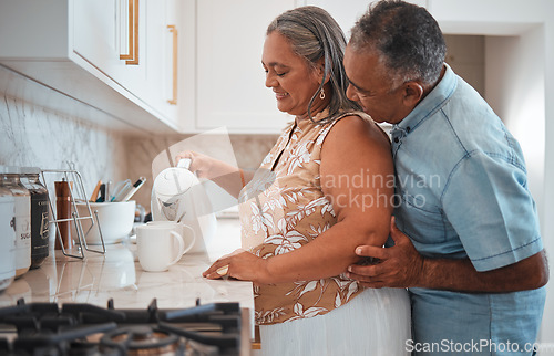 Image of Love, hug and senior couple smile in kitchen with coffee, talking and together in morning. Happy family, relax and retirement by elderly man and woman enjoy conversation, care and pension lifestyle