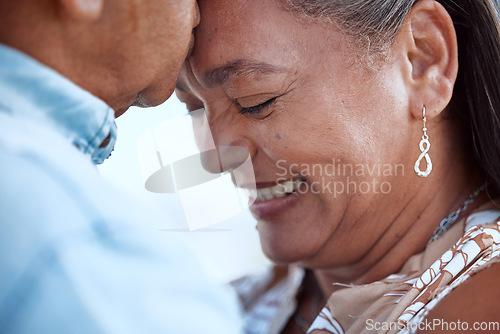 Image of Elderly, couple kiss and love, happy together with peace and trust in romantic closeup. Mature man and woman in tender, content and intimate moment, smile and support during retirement.