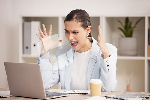 Image of Stress, glitch and angry woman on laptop working in office, 404 and bad internet delay. Anger, frustrated and annoyed employee suffering from anxiety and pressure while trying to meet online deadline