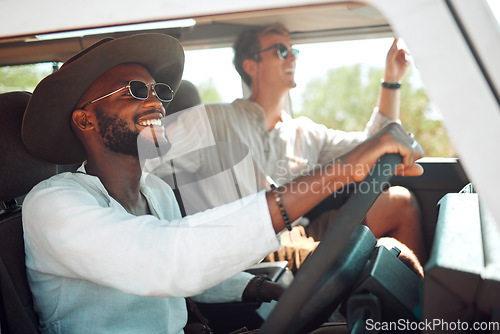 Image of Travel, driving and road trip friends men in caravan for summer nature adventure, holiday or vacation journey. Diversity people drive together with sunglasses in a car or van transport in countryside