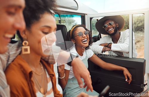 Image of Road trip, friends and travel with a man and woman group laughing or joking while sitting in a car outdoor in nature. Happy, holiday and transport with a friend group having fun during an adventure