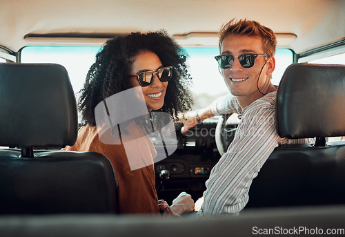 Image of Couple, travel and adventure, happy in car on roadtrip during summer vacation for bonding and healthy relationship. Young man and black woman, transportation and romantic date together in portrait.