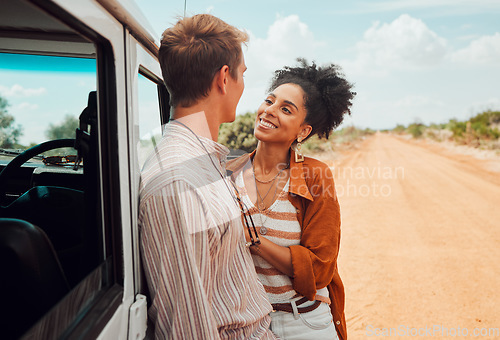 Image of Love couple, travel and smile for road trip in the countryside on desert vacation in nature. Happy man and woman smiling for relationship traveling and adventure for holiday bonding in the outdoors