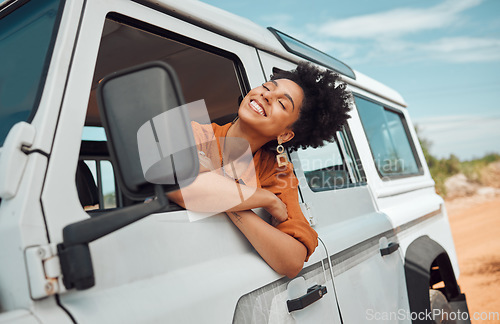 Image of Relax black woman on road trip, happy with view of desert and transport in jeep or car on holiday in Cairo. Travel adventure drive, smile in summer vacation and explore freedom of nature in the sun