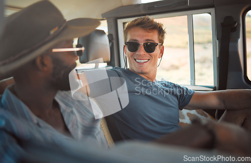 Image of Safari, road trip and travel friends or men in a van with sunglasses for summer journey drive or countryside holiday in nature. Happy diversity people and black man in a caravan driving in Australia