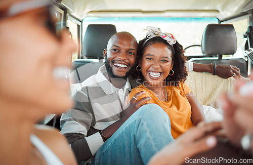 Image of Couple, travel and happy on vacation road trip with friends, excited, laughing and bonding together in camper. Funny relax, married black man and woman comic jokes while traveling in car