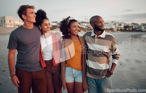 Image of Diversity, friends and happy with view at beach together on holiday, road trip and getaway being calm and peaceful. Ocean, diverse couples and have fun at seaside vacation, smile and enjoy to travel.