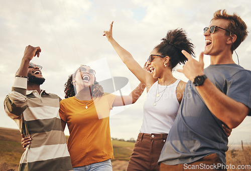 Image of Friends, freedom and fun with a man and woman group laughing or joking while on summer vacation in nature. Happy, funny and fun with friendship, travel and affection between young people outdoor