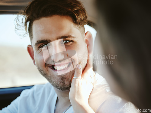 Image of Couple, man and face touch in car with girlfriend for gratitude and care on road trip together. Woman touching cheek of happy boyfriend with real smile for intimate moment on travel journey.