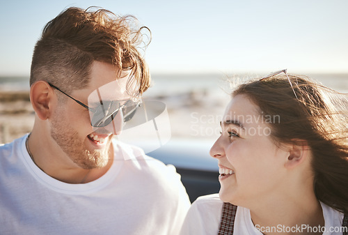 Image of Love, happy couple on a beach holiday and smile with freedom on road trip in summer by ocean together. Loving man, caring woman laugh and enjoy bonding on romantic sea vacation adventure in Bali sun