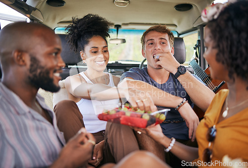 Image of Diversity, food and friends on road trip with fruit while on holiday vacation eating watermelon, grapes and strawberry. Happy and hungry young men and women enjoying healthy fresh organic produce