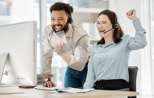 Image of Crm customer support success and internet help workers celebration on a online consultation. Happy contact us call center employees working and celebrating digital tech service consulting winner