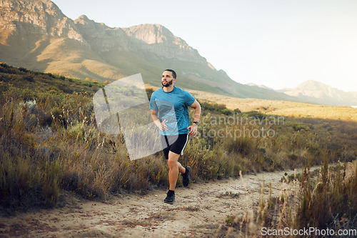 Image of Health, mountain and man running in nature for fitness, training and sports exercise. Workout, wellness and summer with athlete runner in grass field path for peace, marathon and outdoor morning jog