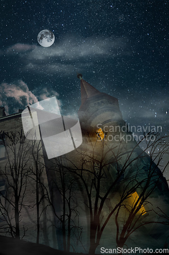 Image of Fantasy, architecture and castle with moon and the night sky for creative medieval building with design, halloween and horror. Fog, clouds and trees with stone mansion for scary, forest and dark art
