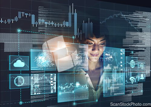 Image of Cloud computing, overlay and woman trading on stock market with a financial strategy via wifi internet connection. Cryptocurrency, analytics and trader doing data analysis to check investment growth