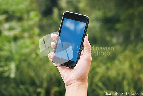 Image of Nature, hand of woman with phone and mockup or green screen, contact us outside. Outdoor plants, leaves in background and smartphone in hands with 5g wifi internet connection and business information