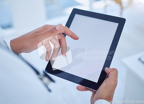 Image of Tablet, screen mock up and business hands for digital marketing, advertising or social media app software background. Corporate user typing or scroll on technology mockup for logo and website space