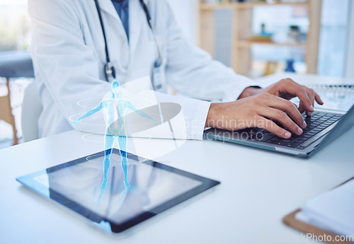 Image of Doctor typing, laptop and tablet hologram, futuristic body graphic or ai. Health, healthcare and man with future cyber tech, pc or computer working on research on digital, 3d or holographic gadget.