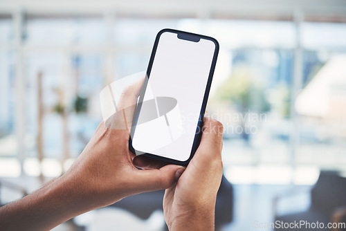 Image of Smartphone, screen mock up and business hands for mobile app, digital marketing or social media advertising in office bokeh. Corporate cellphone for software technology, logo or website mockup space