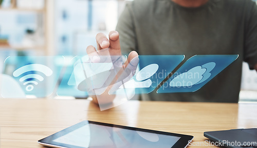 Image of Hand, hologram app and future for communication, connection and technology for digital device with man typing. Futuristic, business innovation and icon applications for social networking and online.