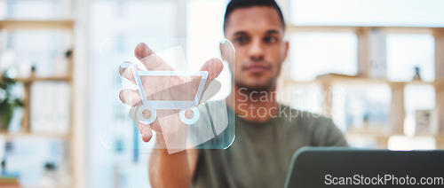 Image of Man online shopping cart, hologram and ecommerce tech connection, grocery network and fintech digital marketing. Hands, webshop interface and user connection to internet store, future system and icon