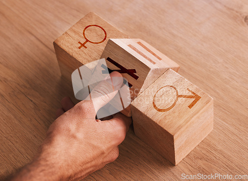 Image of Wood, blocks and game for equality, gender and human rights on table. Lgbt, transgender and pride tolerance with wooden cube with sign for male, female and hand for equal pay, education and learning