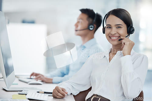 Image of Telemarketing, sales or woman customer service consultant talking on headset. Job, crm or call center worker consulting an call for customer support. Portrait with contact us on our help desk line