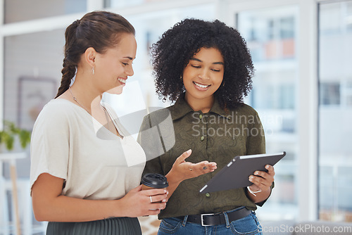 Image of Happy business women, tablet planning and office collaboration for marketing team ideas, web design analytics and social media advertising strategy. Employees working on digital tech for productivity